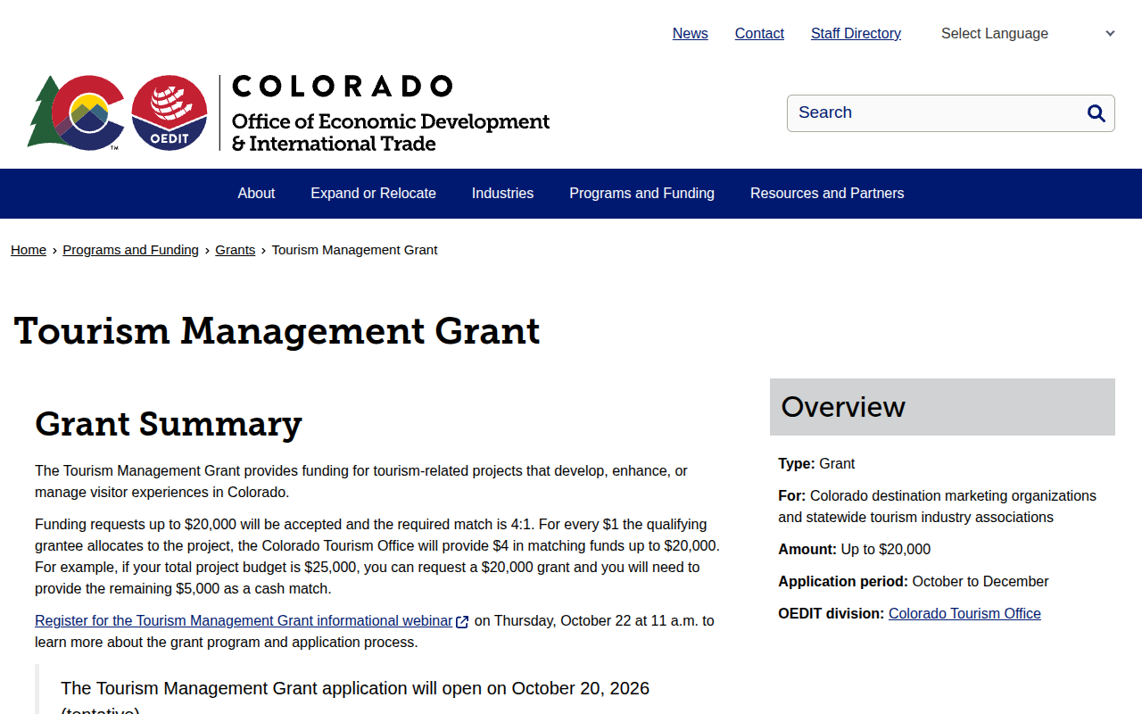 Visit the OEDIT Tourism Management Grant website (opens in a new tab)